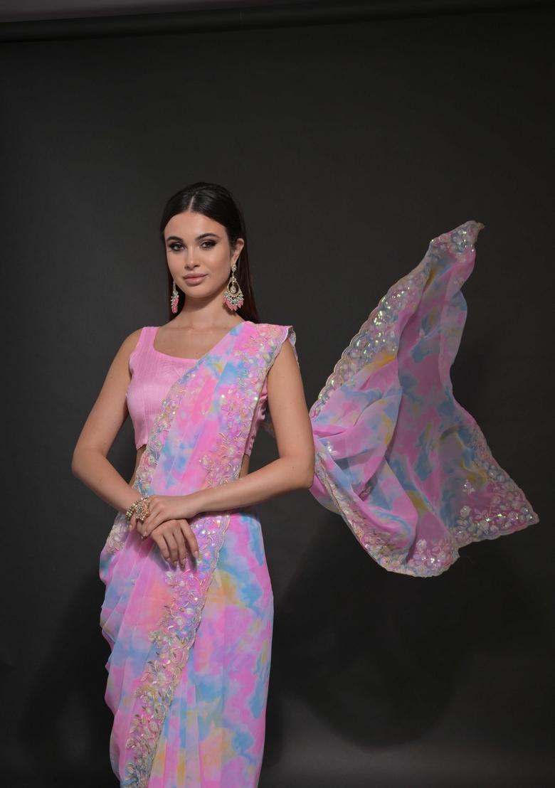 Pink Sequin Embroidered Georgette Saree Set