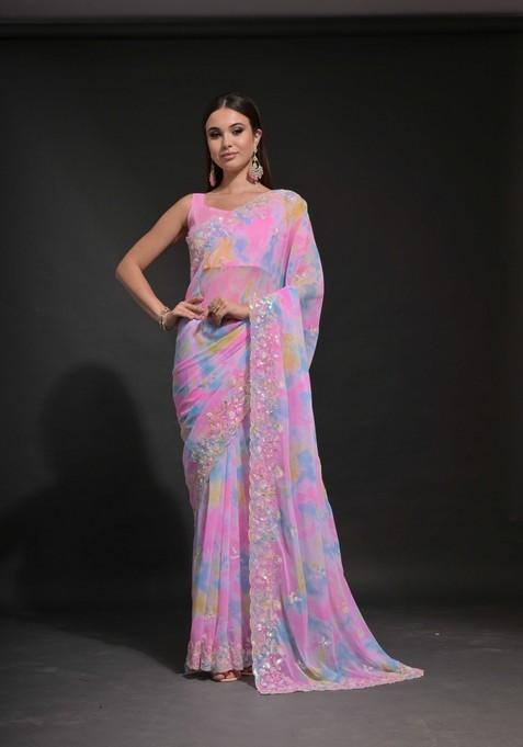 Pink Sequin Embroidered Georgette Saree Set