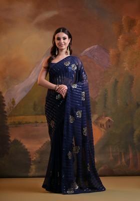 Navy Blue Sequin Embroidered Georgette Saree Set
