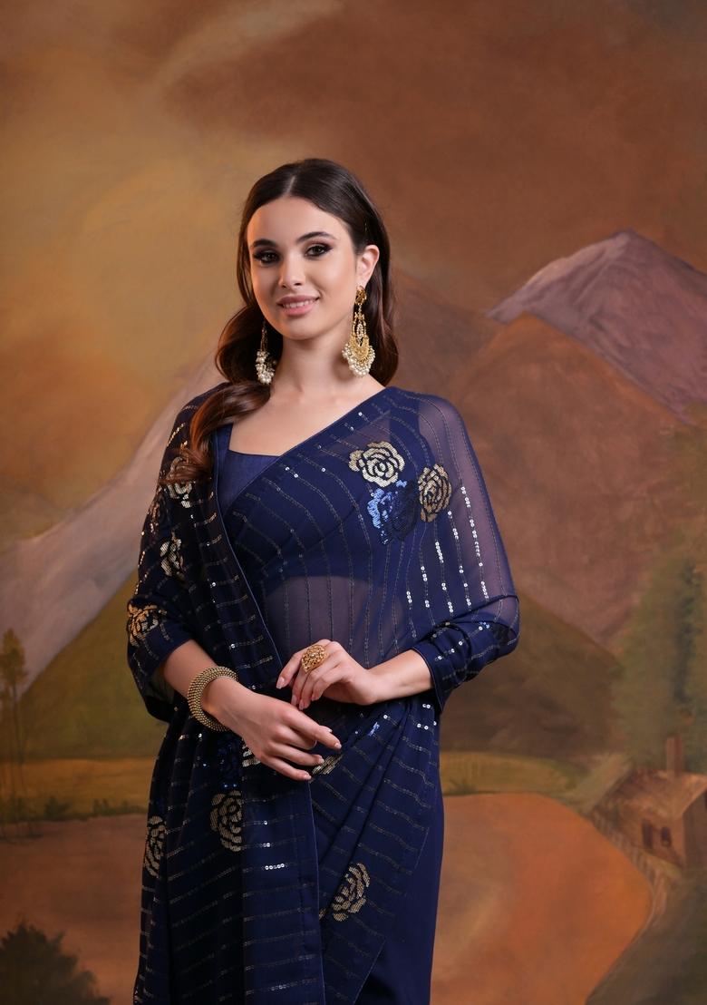 Navy Blue Sequin Embroidered Georgette Saree Set