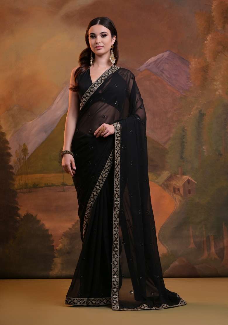 Black Sequin Embroidered Georgette Saree Set - Indya