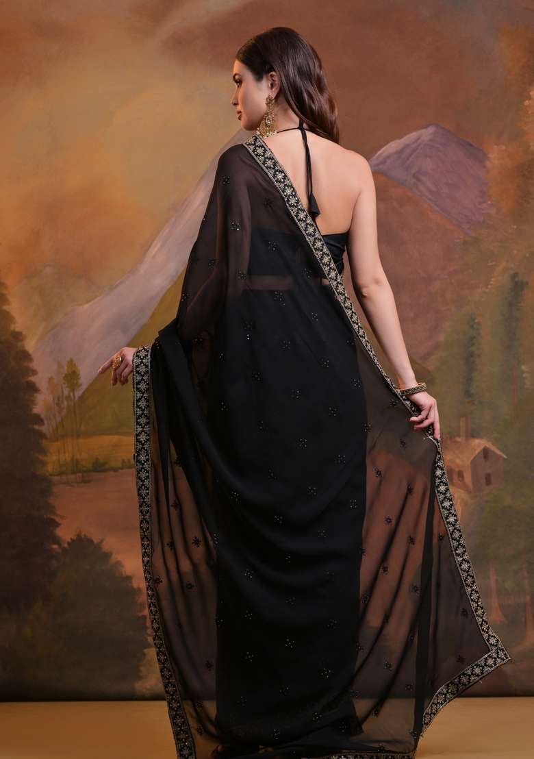 Black Sequin Embroidered Georgette Saree Set - Indya