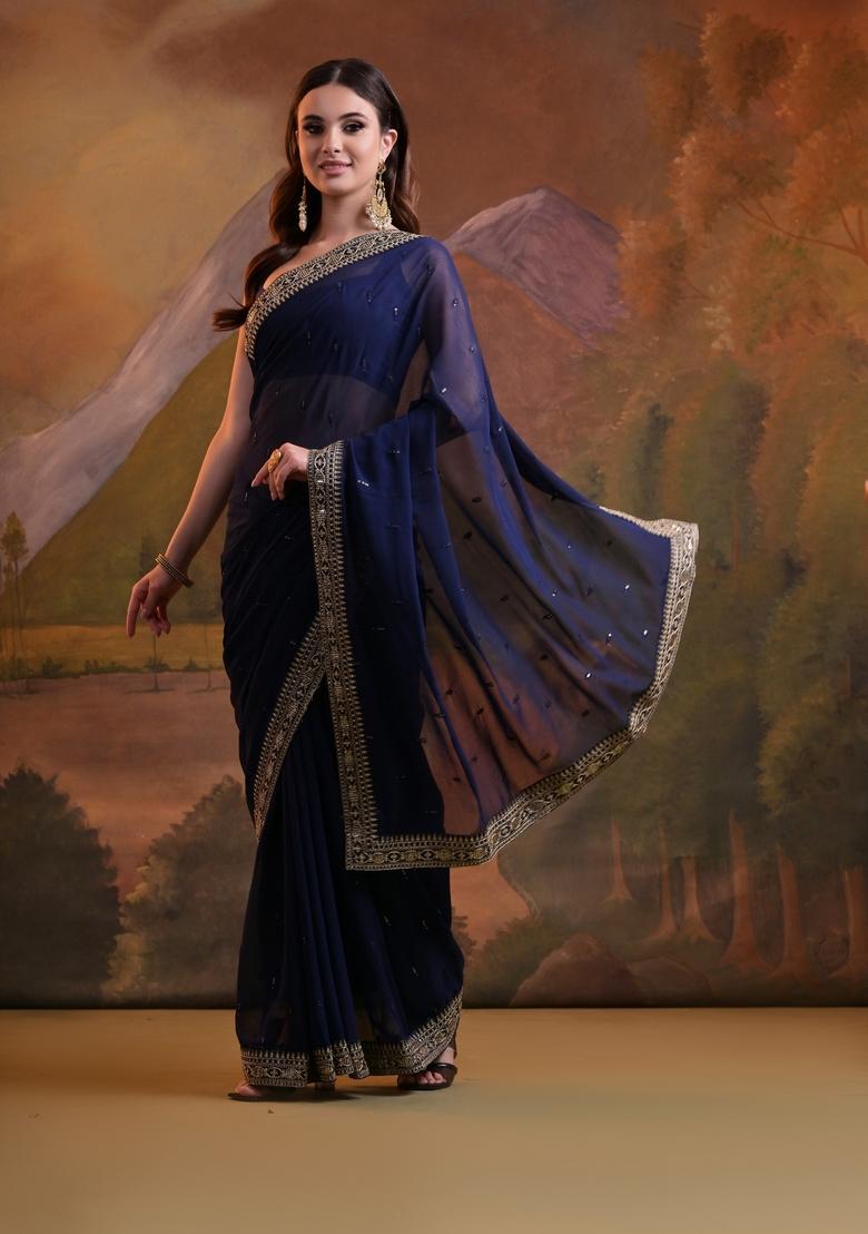 Navy Blue Sequin Embroidered Georgette Saree Set