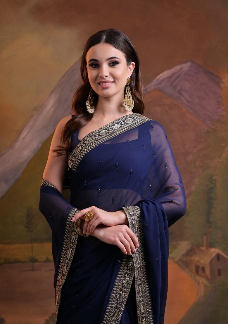 Navy Blue Sequin Embroidered Georgette Saree Set