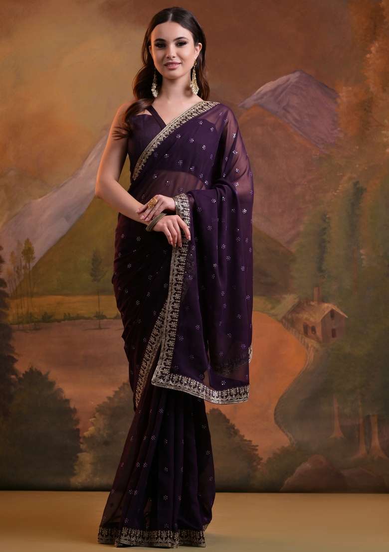 Wine Sequin Embroidered Georgette Saree Set - Indya