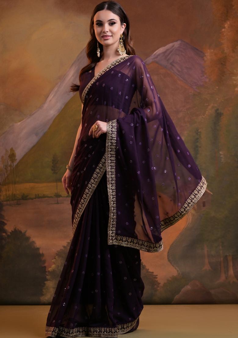 Wine Sequin Embroidered Georgette Saree Set