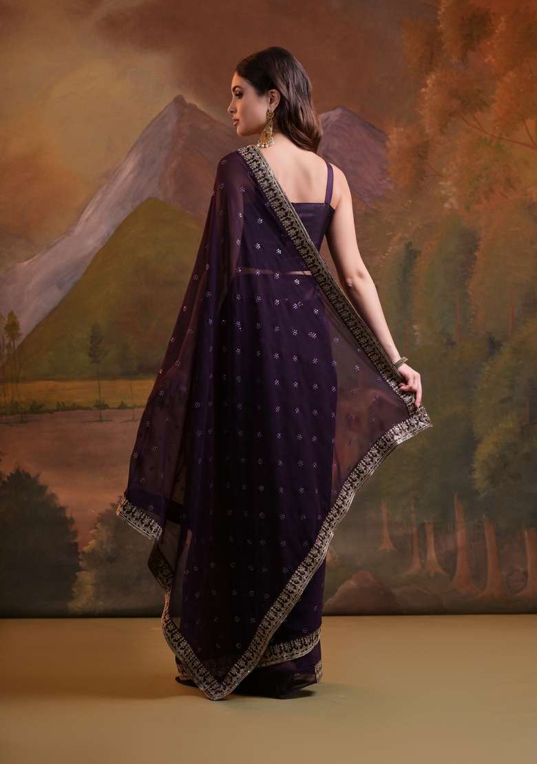 Wine Sequin Embroidered Georgette Saree Set - Indya