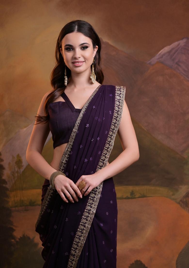 Wine Sequin Embroidered Georgette Saree Set