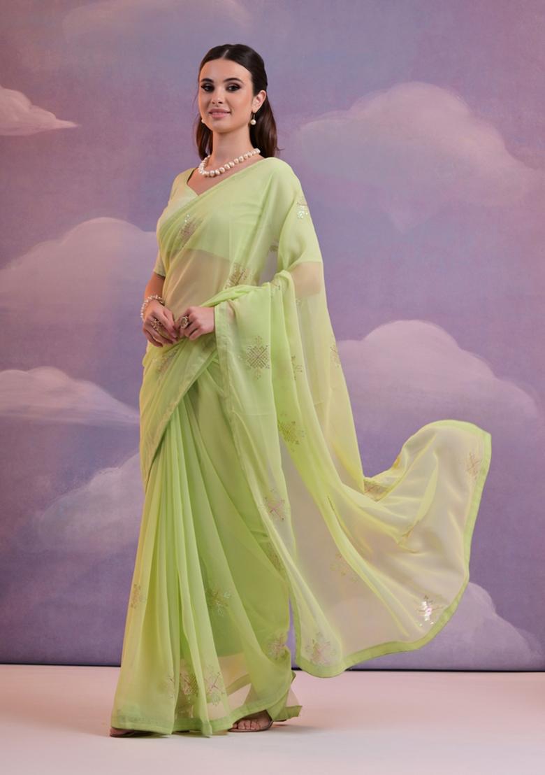 Pista Green Sequin Embroidered Georgette Saree Set