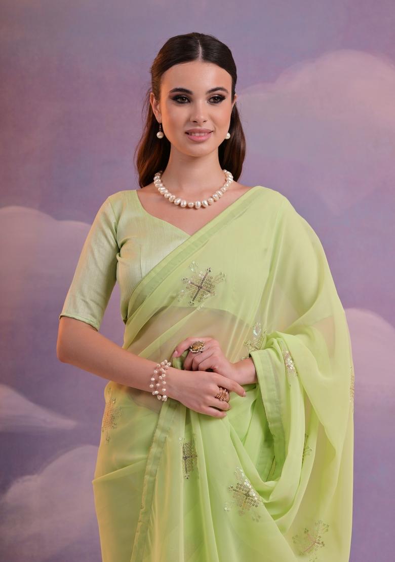 Pista Green Sequin Embroidered Georgette Saree Set