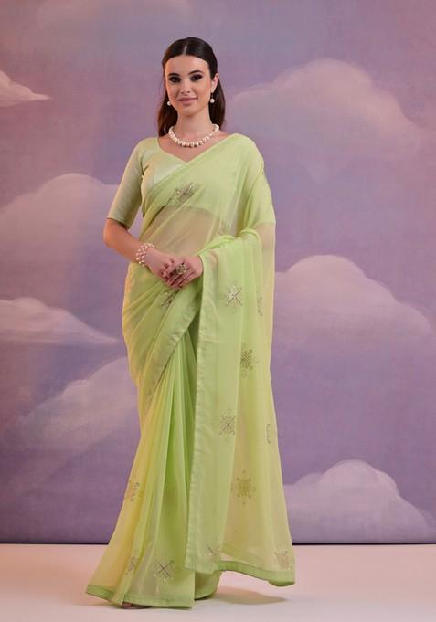 Pista Green Sequin Embroidered Georgette Saree Set