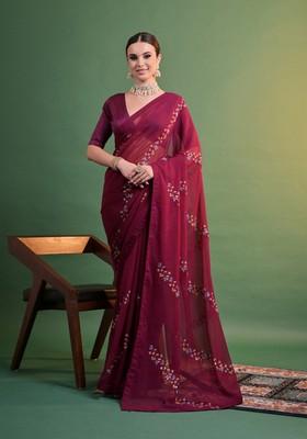 Wine Sequin Embroidered Georgette Saree Set