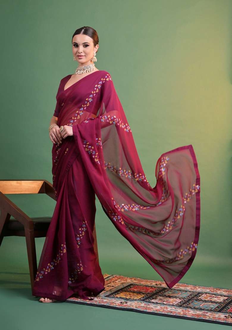 Wine Sequin Embroidered Georgette Saree Set - Indya