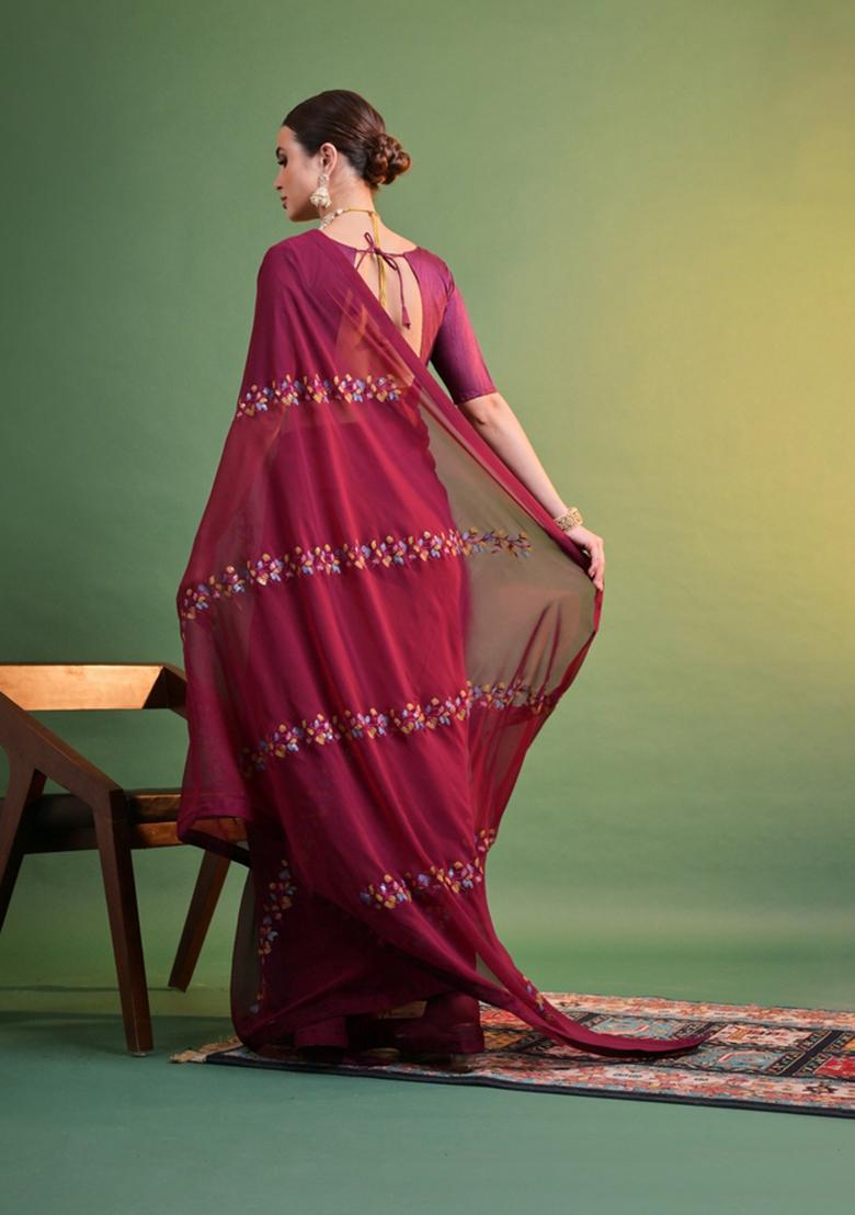Wine Sequin Embroidered Georgette Saree Set