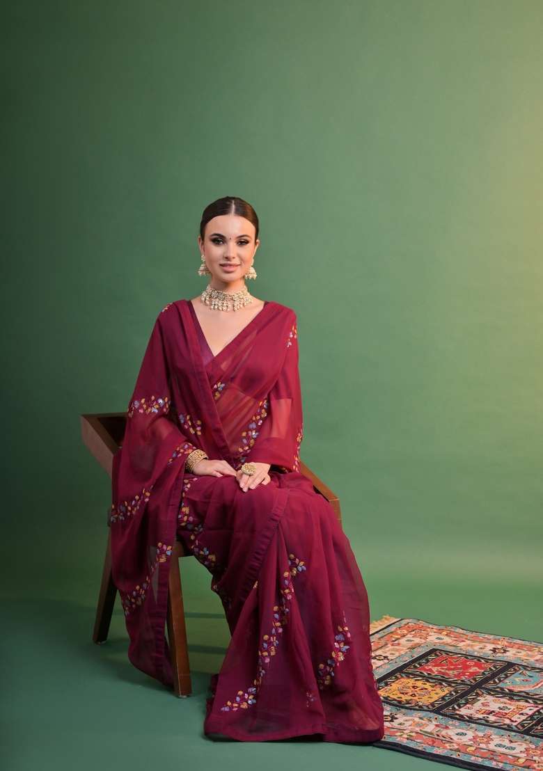 Wine Sequin Embroidered Georgette Saree Set - Indya