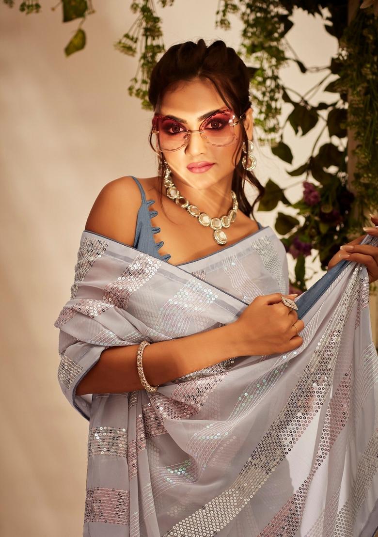 Grey Sequin Embroidered Georgette Saree Set