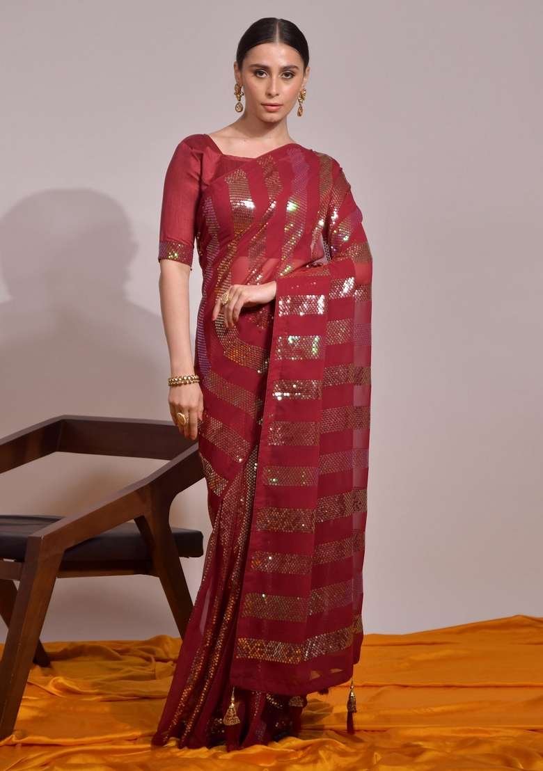 Maroon Sequin Embroidered Georgette Saree Set - Indya