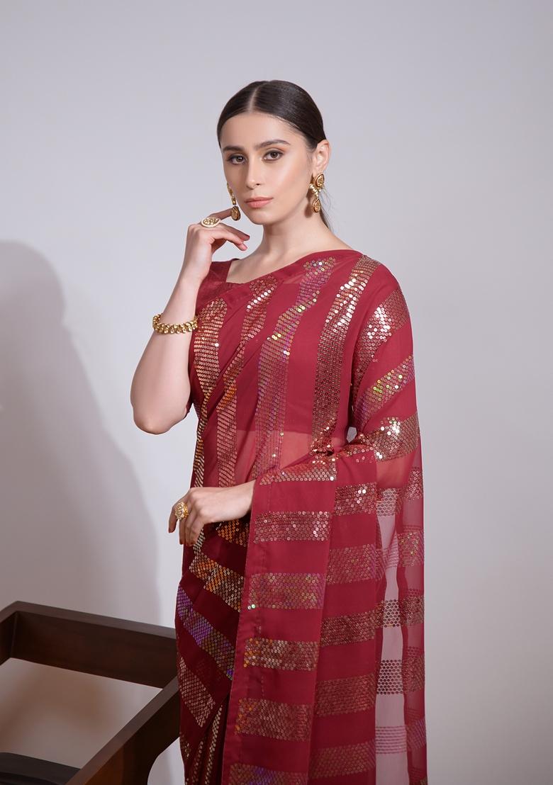 Maroon Sequin Embroidered Georgette Saree Set