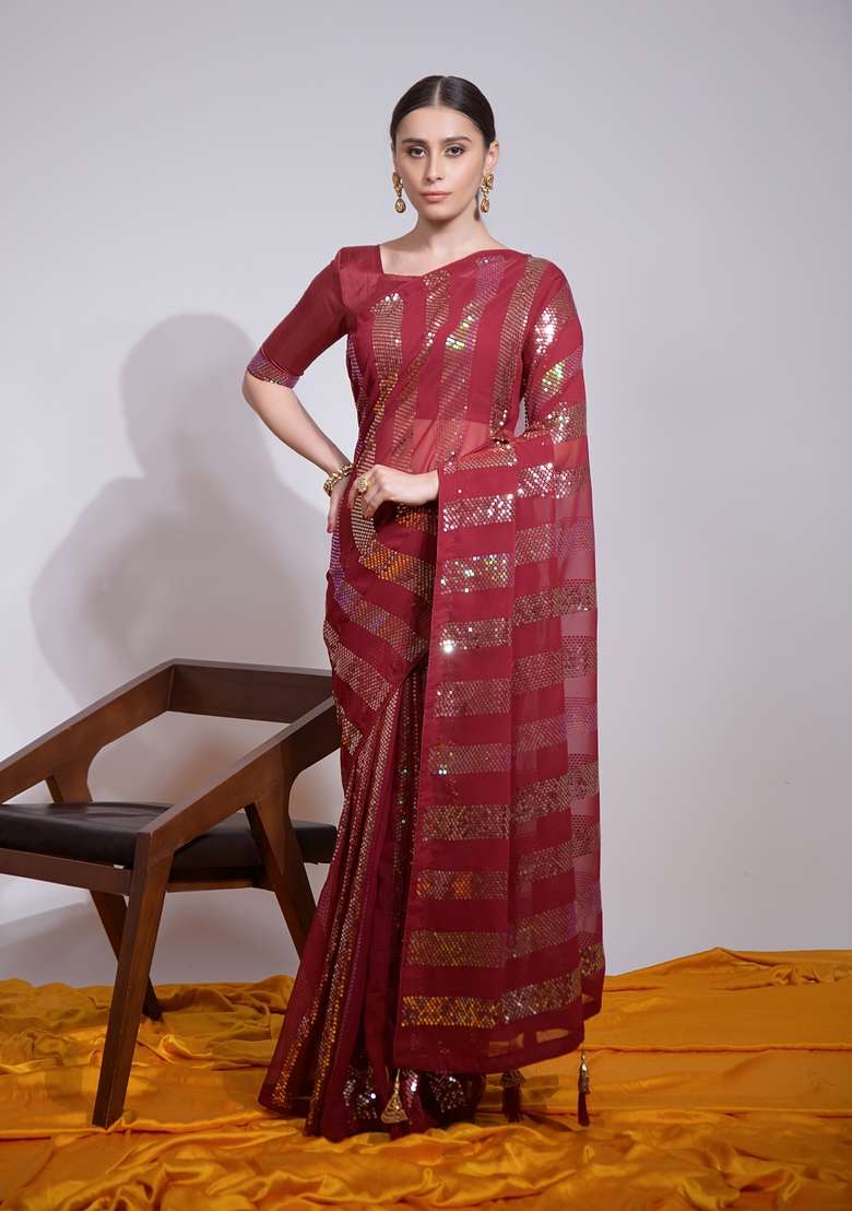 Maroon Sequin Embroidered Georgette Saree Set - Indya