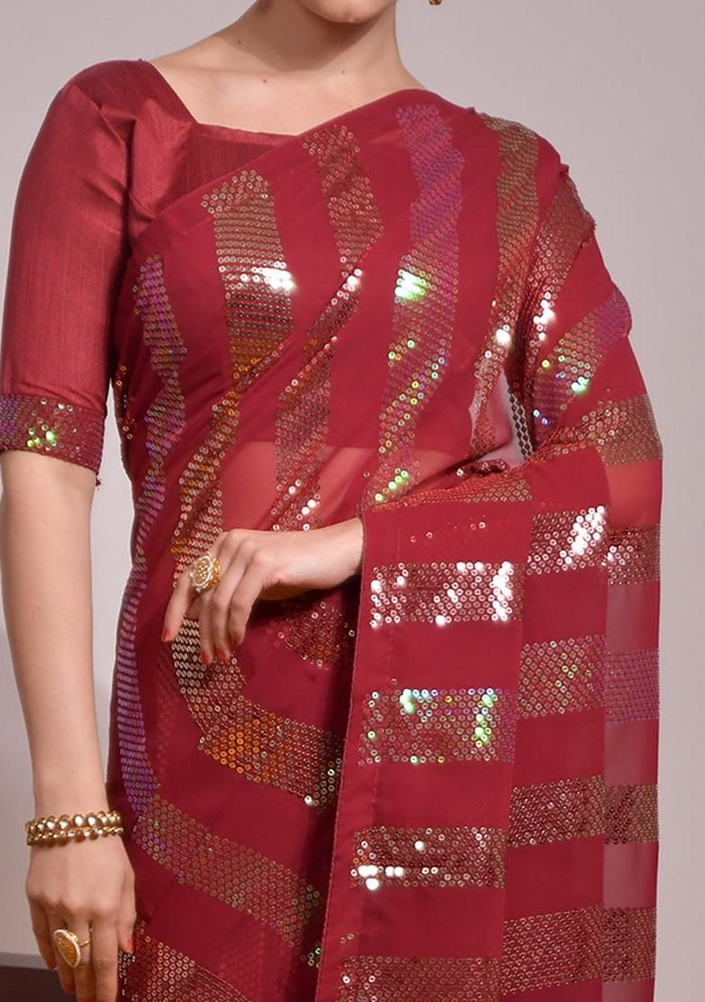 Maroon Sequin Embroidered Georgette Saree Set