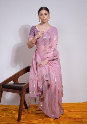 Pink Sequin Embroidered Georgette Saree Set