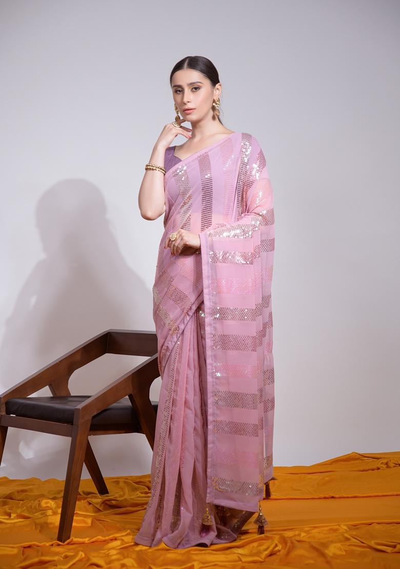Pink Sequin Embroidered Georgette Saree Set