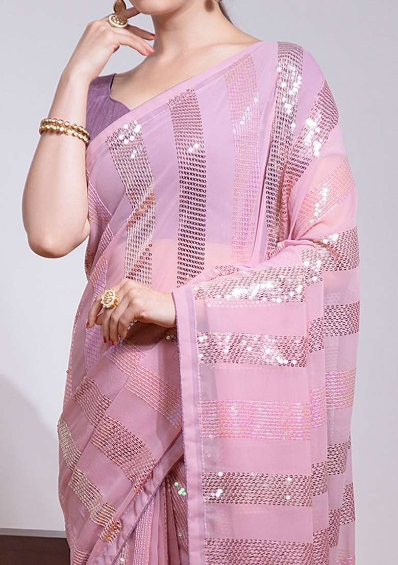 Pink Sequin Embroidered Georgette Saree Set - Indya