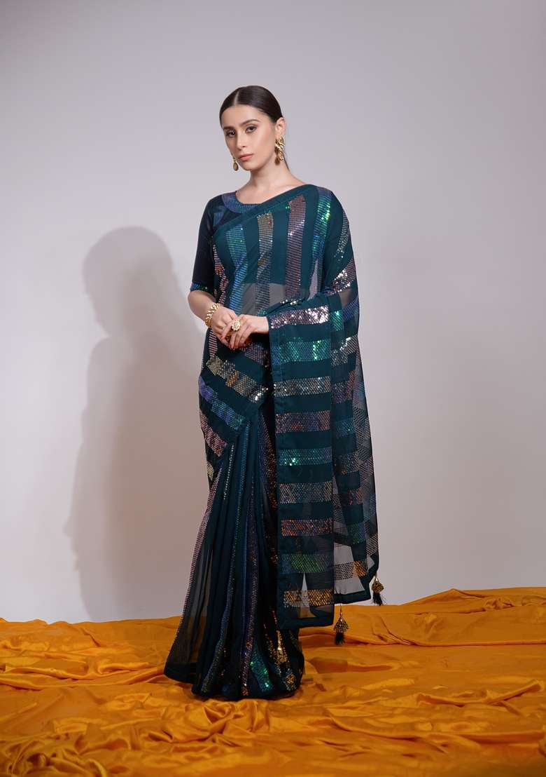 Teal Blue Sequin Embroidered Georgette Saree Set - Indya