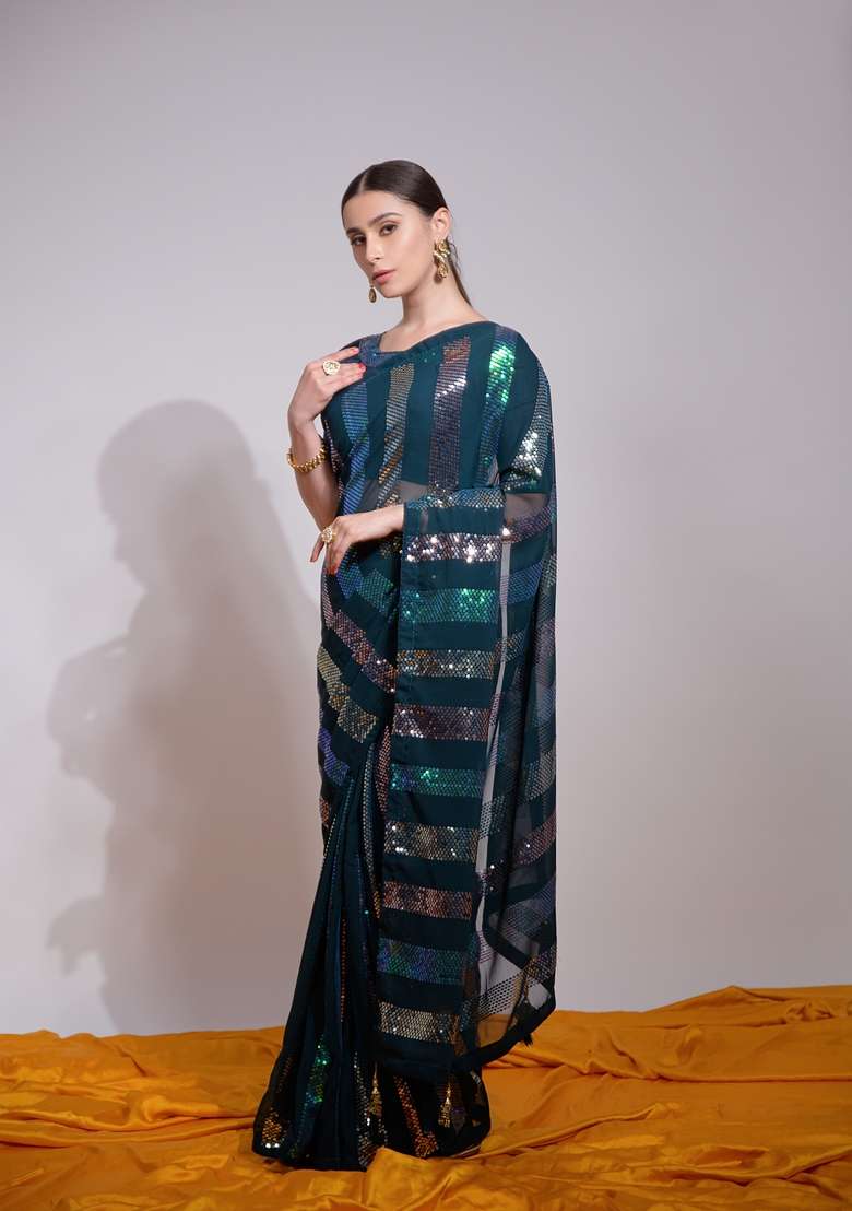 Teal Blue Sequin Embroidered Georgette Saree Set - Indya