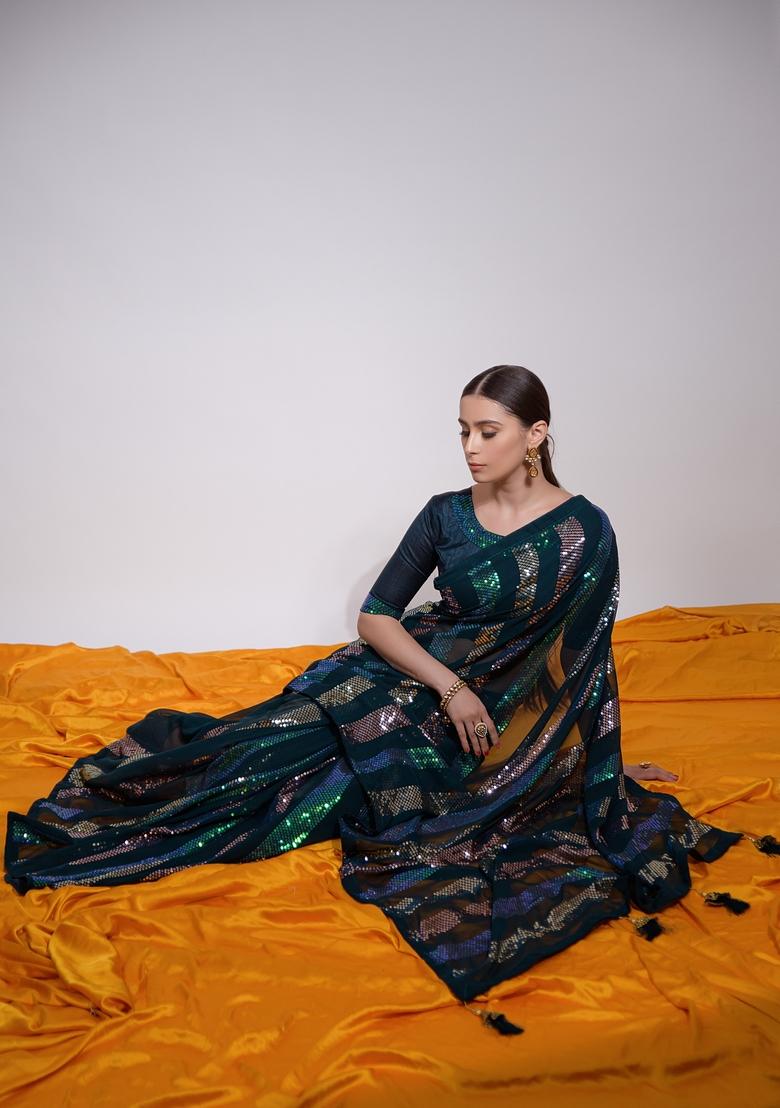 Teal Blue Sequin Embroidered Georgette Saree Set