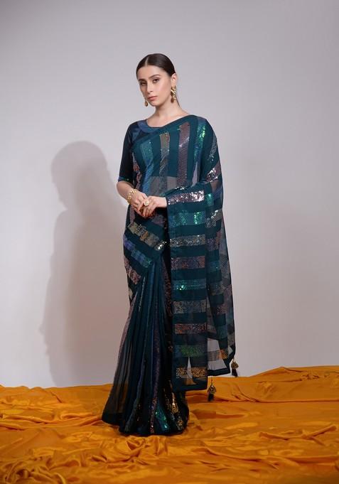 Teal Blue Sequin Embroidered Georgette Saree Set