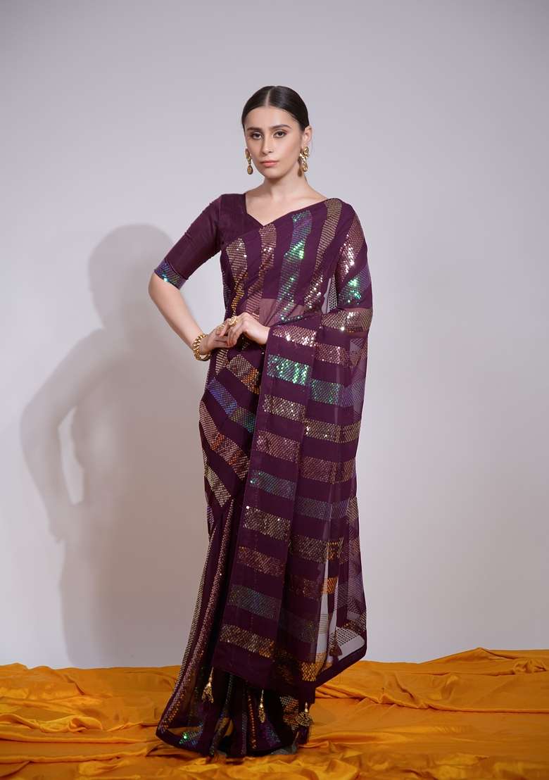Wine Sequin Embroidered Georgette Saree Set - Indya