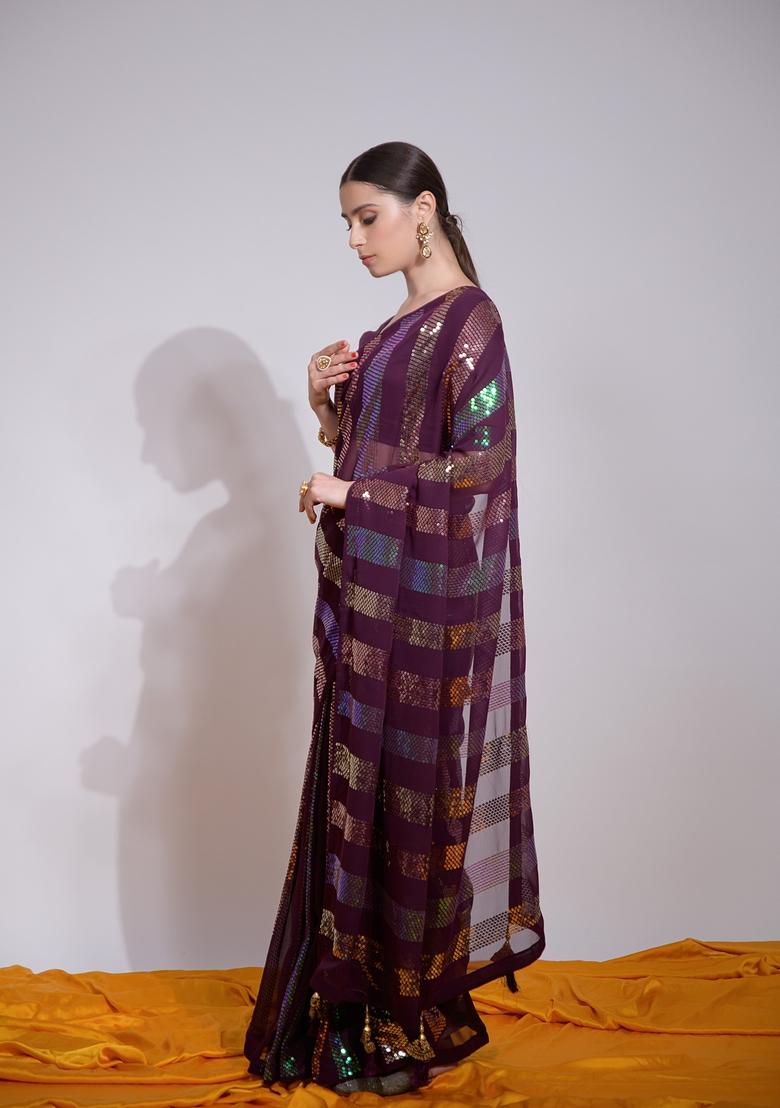 Wine Sequin Embroidered Georgette Saree Set