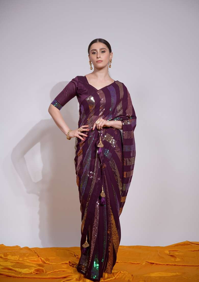 Wine Sequin Embroidered Georgette Saree Set - Indya