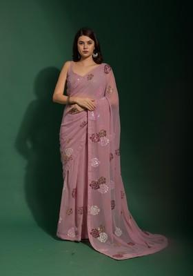 Pink Sequin Embroidered Georgette Saree Set