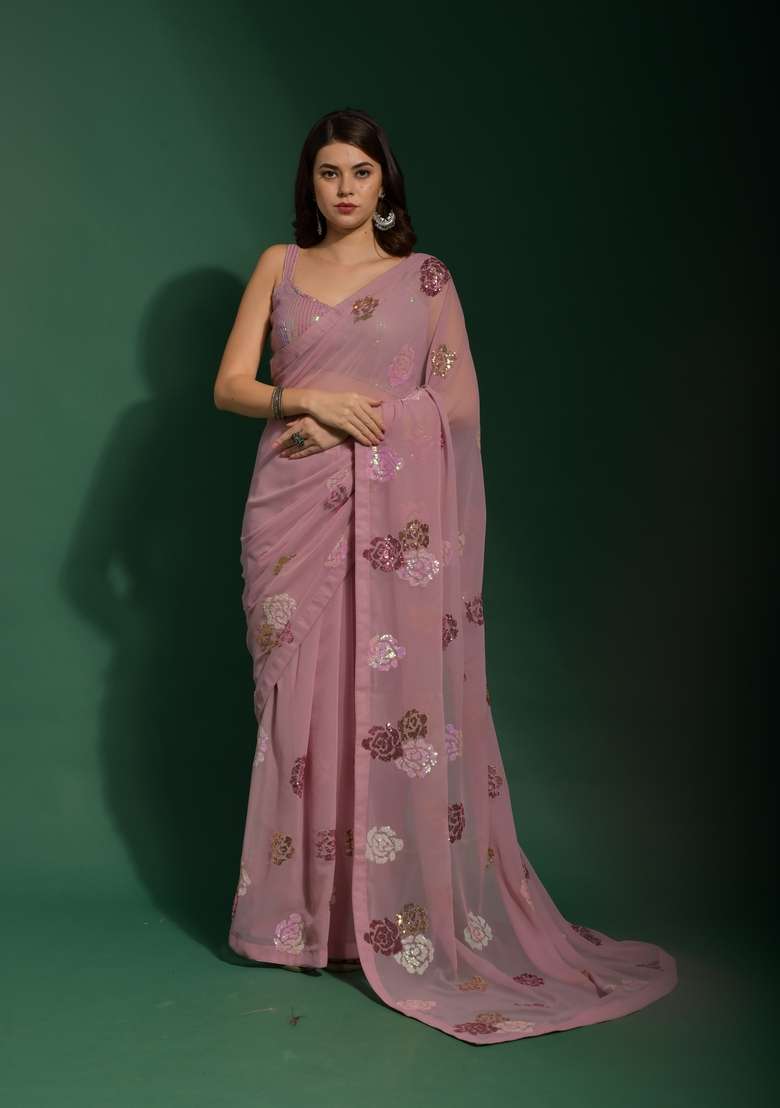 Pink Sequin Embroidered Georgette Saree Set - Indya