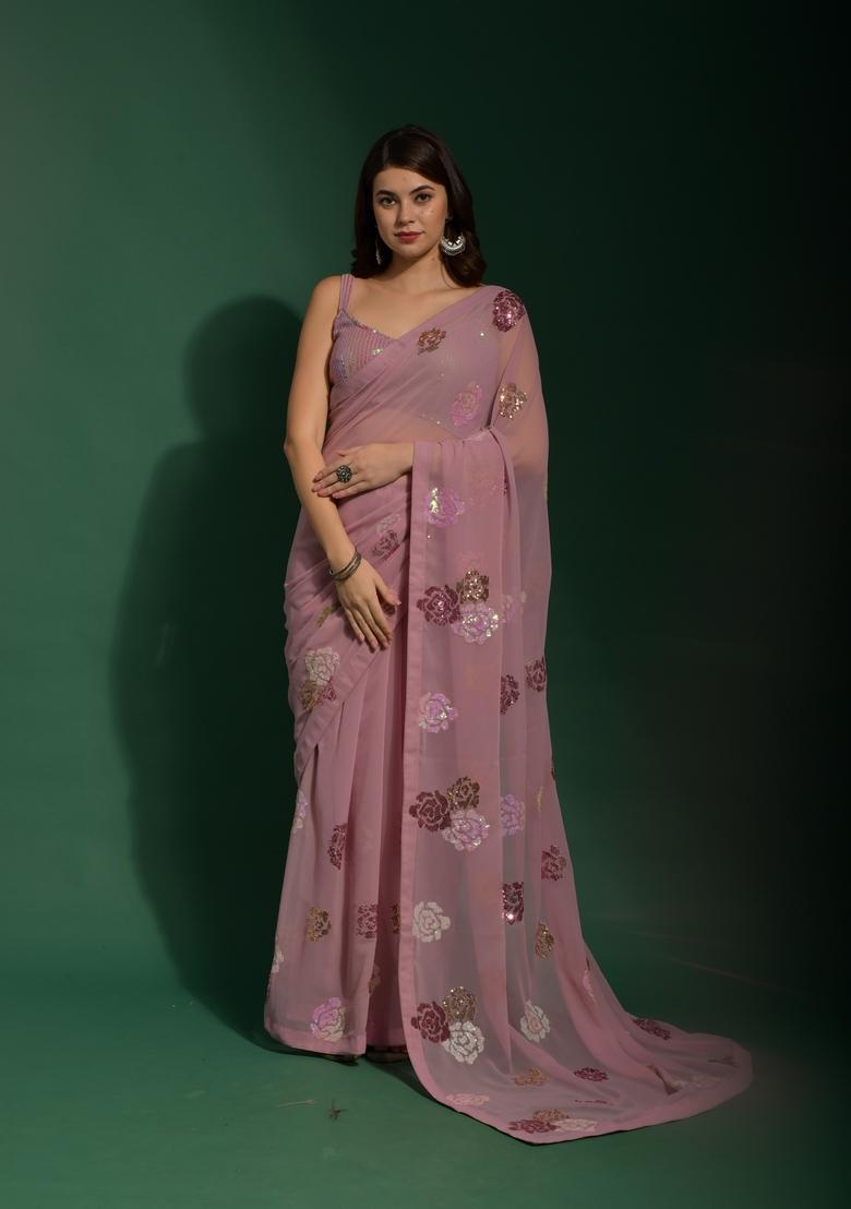 Pink Sequin Embroidered Georgette Saree Set