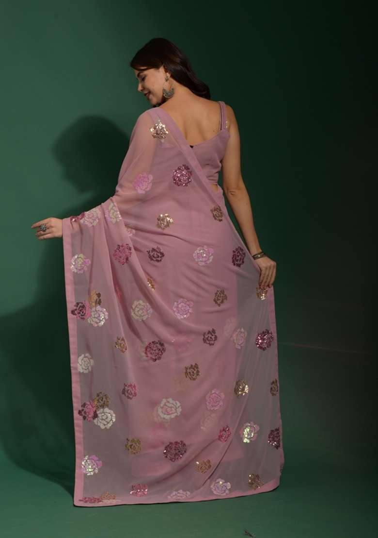 Pink Sequin Embroidered Georgette Saree Set - Indya
