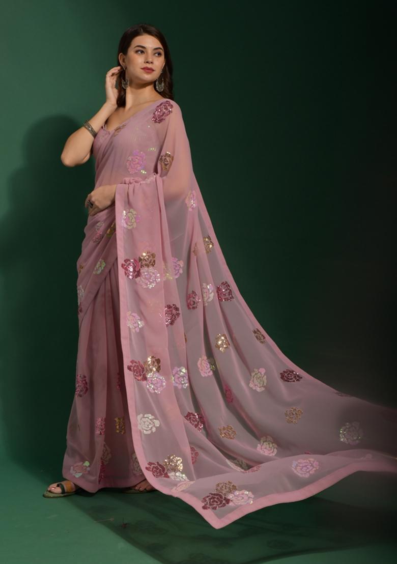 Pink Sequin Embroidered Georgette Saree Set
