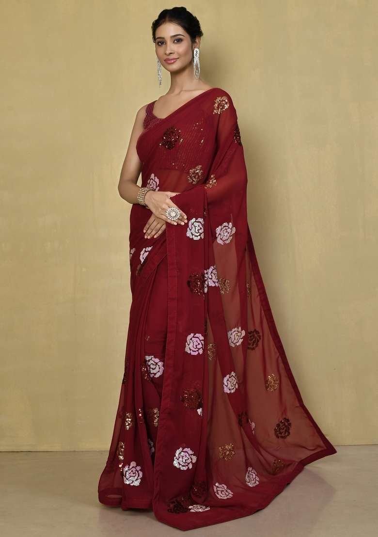 Maroon Sequin Embroidered Georgette Saree Set - Indya