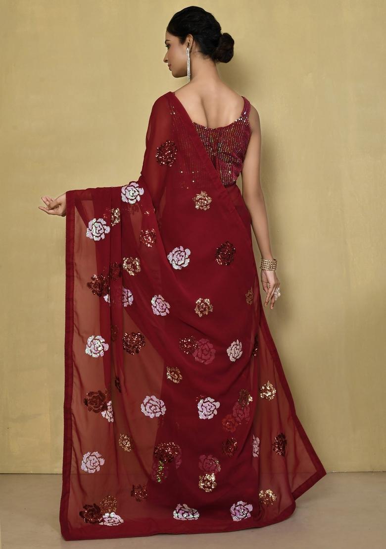 Maroon Sequin Embroidered Georgette Saree Set