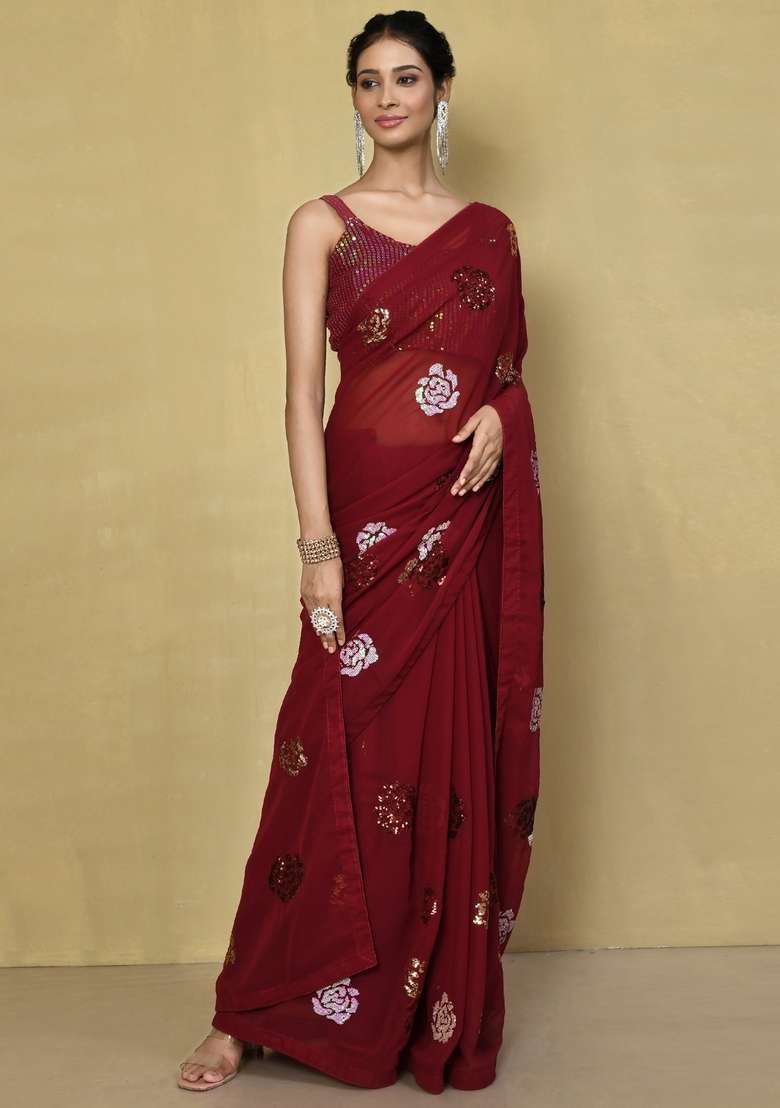 Maroon Sequin Embroidered Georgette Saree Set - Indya