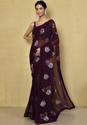 Wine Sequin Embroidered Georgette Saree Set