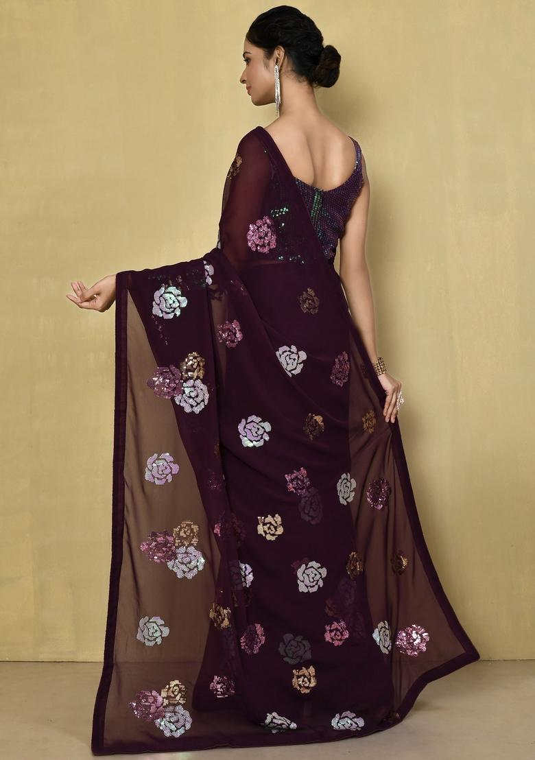 Wine Sequin Embroidered Georgette Saree Set