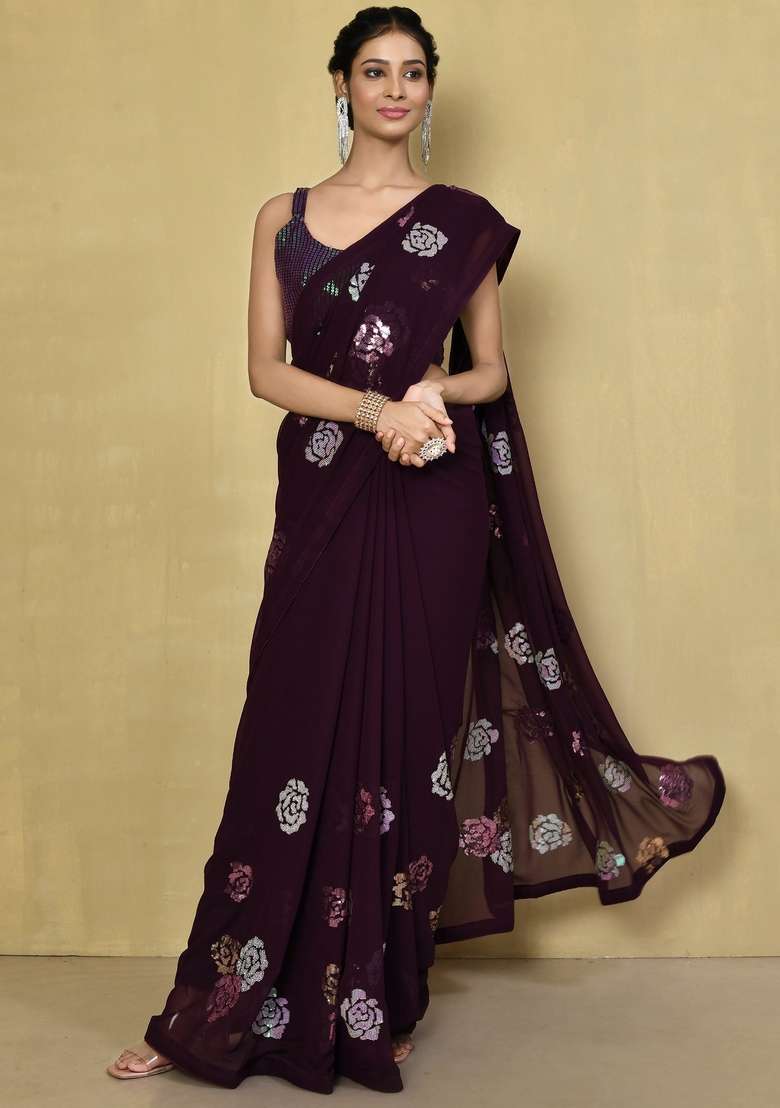 Wine Sequin Embroidered Georgette Saree Set - Indya
