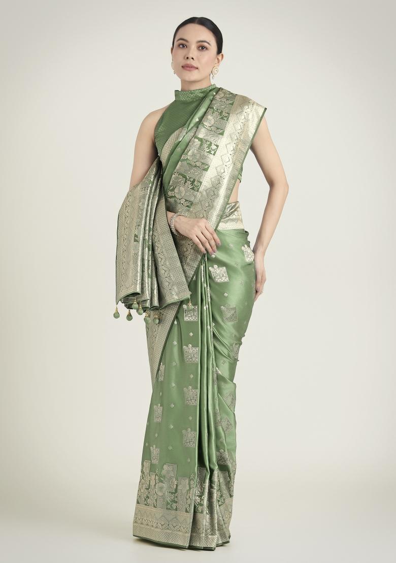 Green Zari Embroidered Silk Saree Set