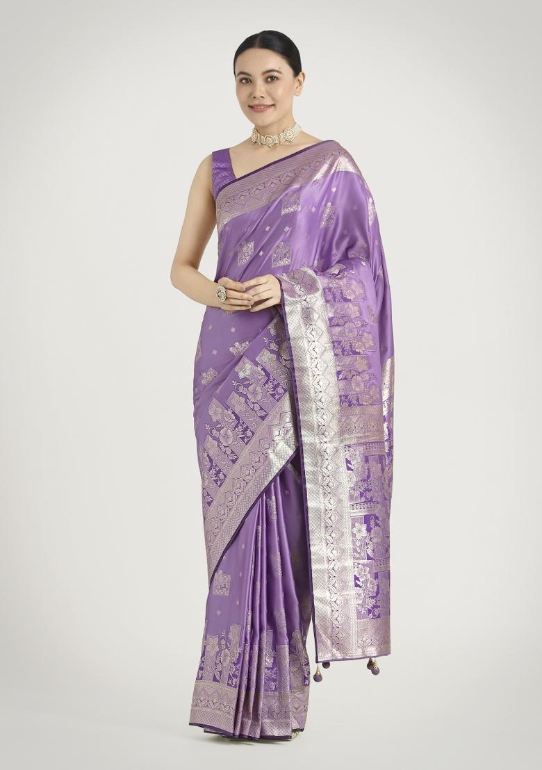 Lavender Zari Embroidered Silk Saree Set