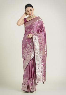 Rose Pink Zari Embroidered Silk Saree Set
