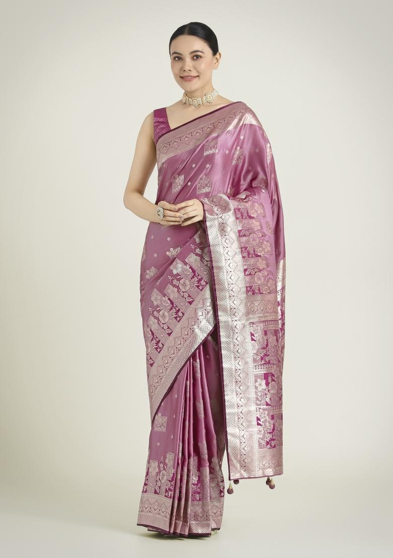 Rose Pink Zari Embroidered Silk Saree Set