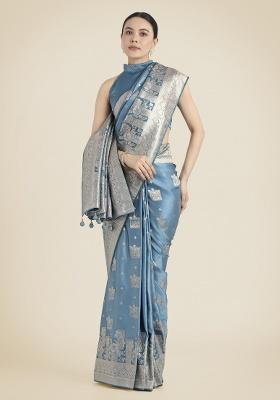 &nbsp;Cyan Blue Zari Embroidered Silk Saree Set